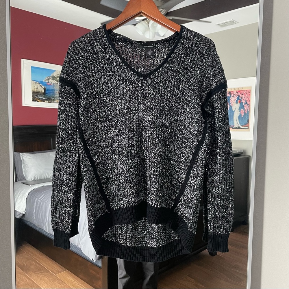 DKNY Jeans Black Sequin Knit Sweater Size XS